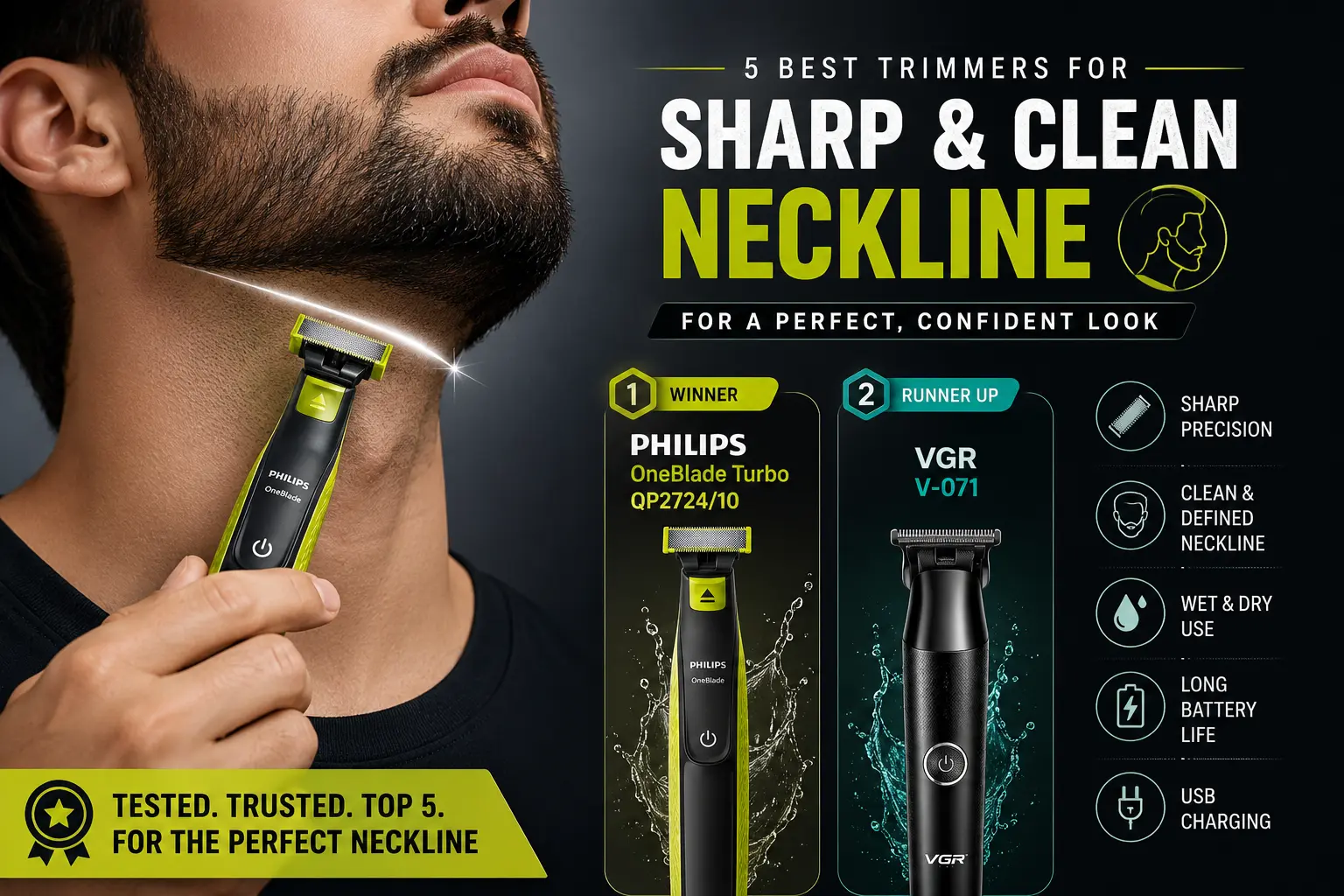 best trimmers for sharp clean neckline india 2026 — philips oneblade turbo vgr v071 neckline precision guide groompick