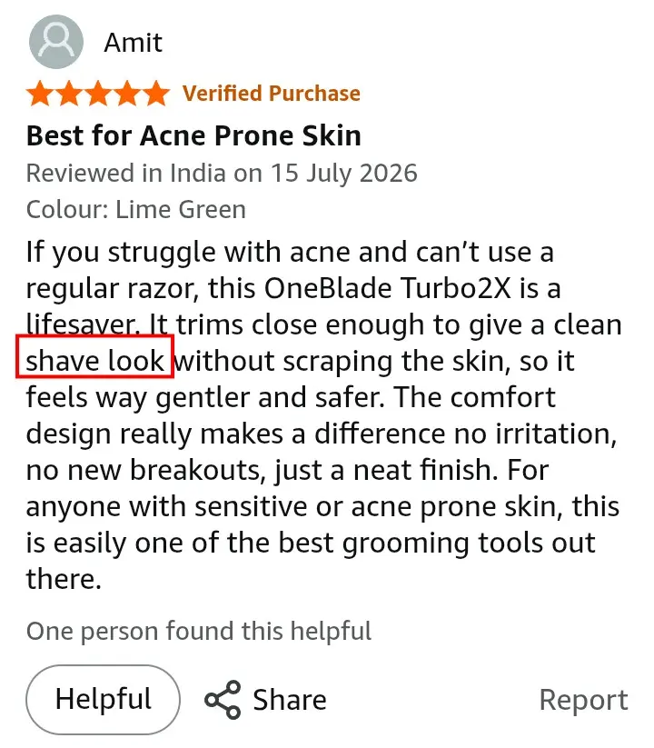 Verified review showing OneBlade gentle on sensitive acne-prone skin