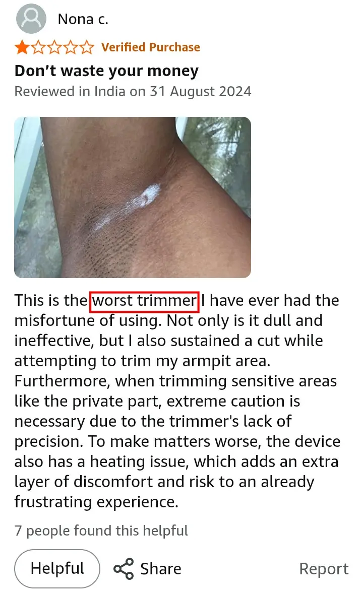 Amazon buyer reporting skin cuts while using Bombay Shaving Company Blo body groomer