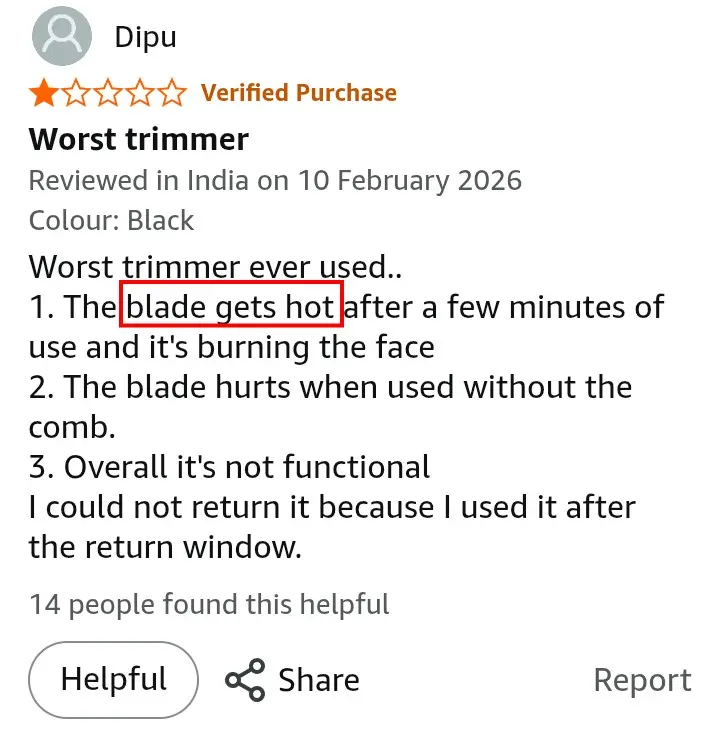Amazon buyer reporting blade heating issue on MANSPOT ball trimmer during groin grooming