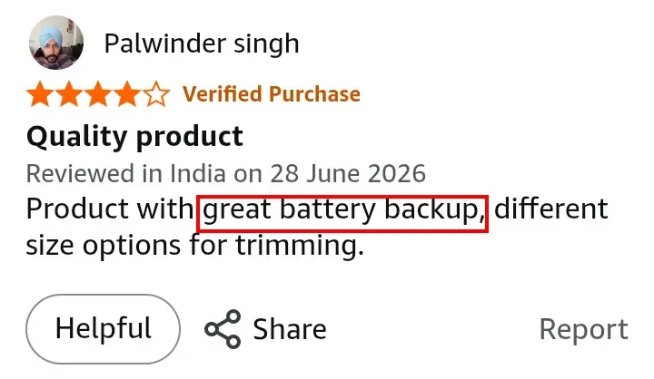 MI Xiaomi Beard Trimmer 2C battery backup positive Amazon review screenshot