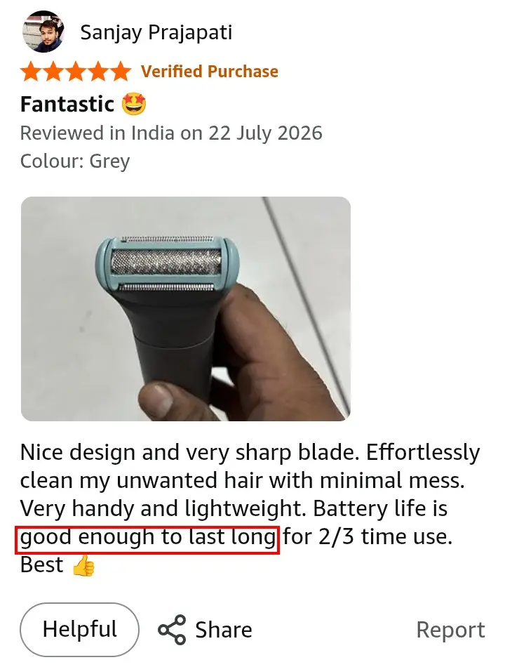 Amazon buyer reviewing blade sharpness and cutting quality of Philips BG5475
