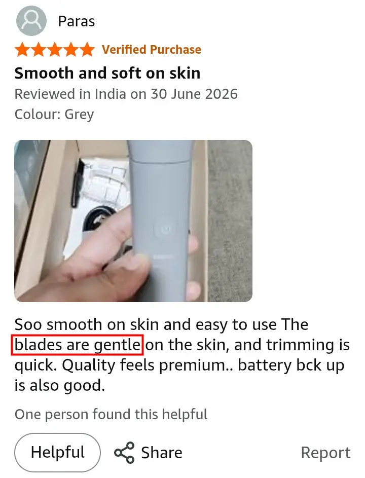 Amazon buyer describing gentle blade experience on Philips BG5475 body groomer