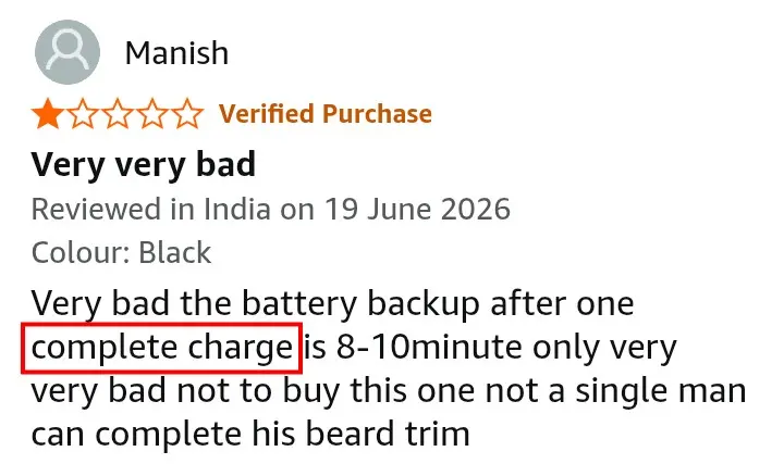 Philips BT1244 poor battery backup Amazon review screenshot
