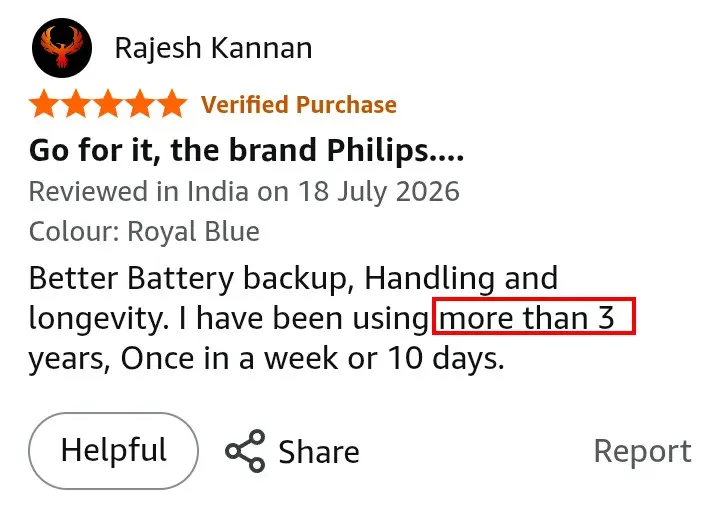 Philips BT3325 long battery backup Amazon review screenshot
