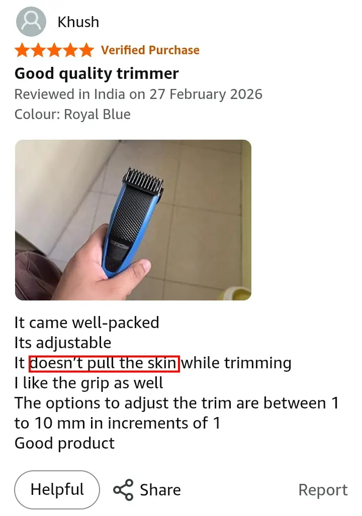 Philips BT3325 no hair pulling Amazon review screenshot