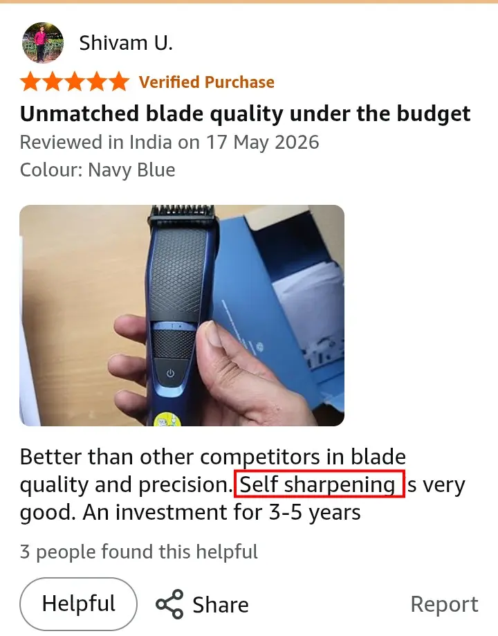 Philips BT3325 self-sharpening blade long term Amazon review screenshot