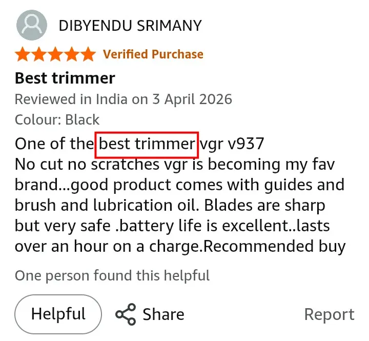 VGR V-937 SkinSafe blade no cuts Amazon review screenshot verified purchase