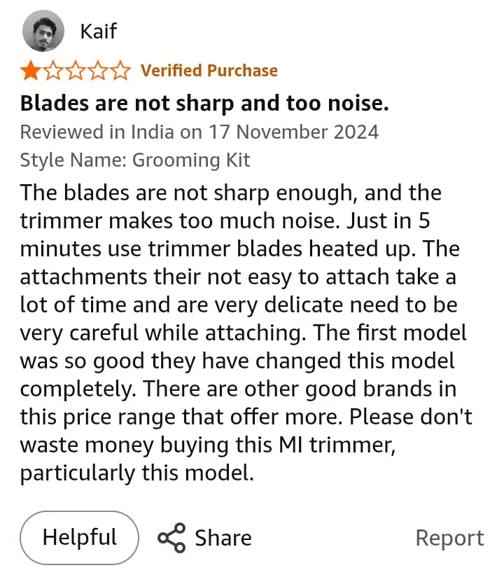 Xiaomi Beard Trimmer 2 negative Amazon review — heating issue