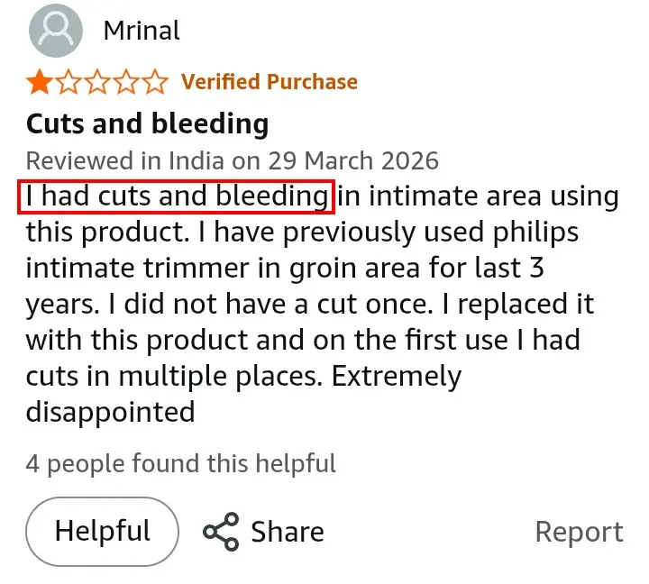 Amazon buyer reporting cuts while using Zlade Ballistic Pro for intimate trimming