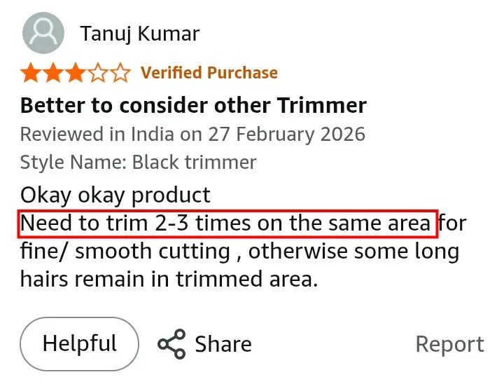 Bombay Shaving Company Power Play NXT trimming quality complaint Amazon customer review screenshot India 2026