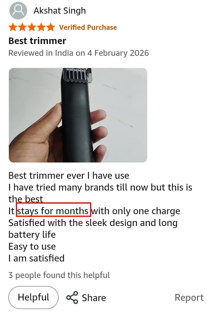 MI Xiaomi Beard Trimmer 2C long battery life Amazon customer review screenshot India 2026