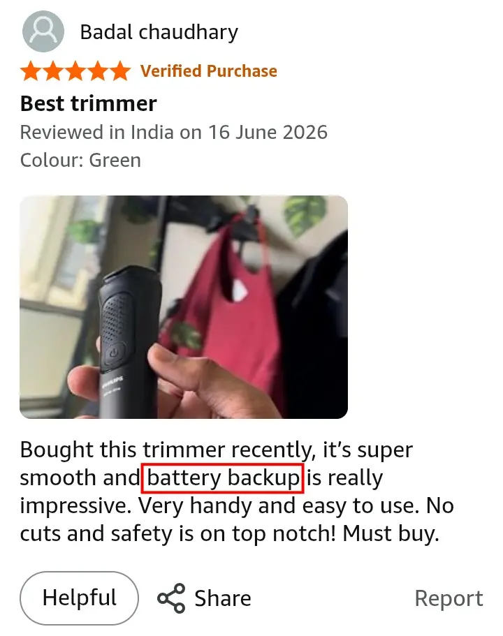 Philips MG3927 battery backup Amazon review screenshot