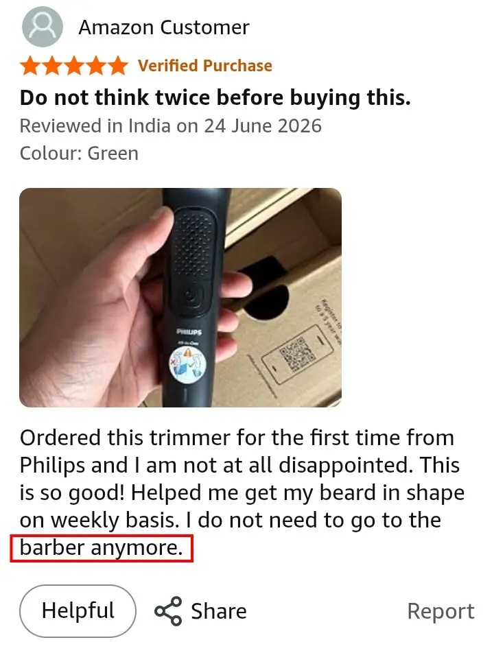 Philips MG3927 first time buyer Amazon review screenshot